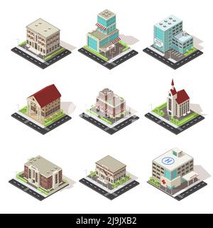 Set of isolated city buildings with roads street lighting and environmental infrastructure isometric vector illustration Stock Vector