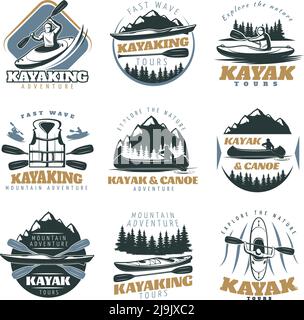 Nine isolated colorful emblems set with kayak and canoe mountain tours with adventure tours retro symbols vector illustration Stock Vector
