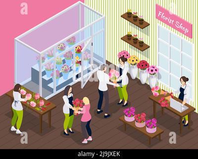 Florist shop isometric background with staff working with different flowers and customers buying bouquets vector illustration Stock Vector