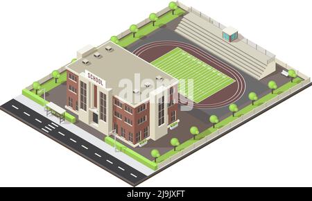 Isometric layout of school with stadium green trees and lawn road infrastructure on white background vector illustration Stock Vector