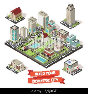 City creation isometric set with isolated buildings mockup of town and lettering at red ribbon vector illustration Stock Vector