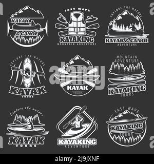 Set of nine isolated emblems of canoe and kayak mountain adventure tours white on dark background vector illustration Stock Vector