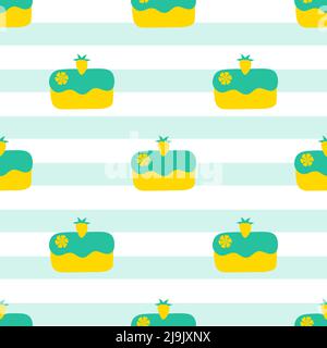 Pineapple Cake with its slice isolated on stripe background is in Seamless pattern - vector illustration Stock Vector