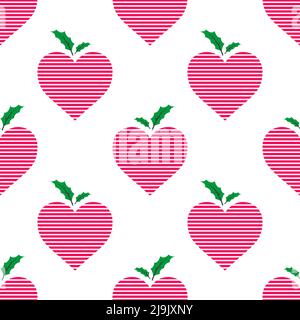 Pink heart shaped apple with green leaves isolated on white background is in Seamless pattern - vector illustration Stock Vector