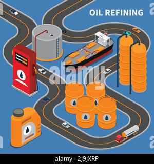 Oil and gas industry isometric composition with refining equipment and transportation means 3d vector illustration Stock Vector
