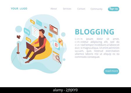 Blogger isometric web site landing page with human character and cloud of pictograms with clickable links vector illustration Stock Vector