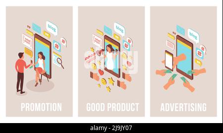 Blogger advertising isometric set of three vertical banners with images of smartphones people and text pictograms vector illustration Stock Vector