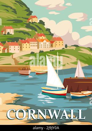 Cornwall Vintage Poster, South West England, United Kingdom. Travel poster coast, buikdings, sailboats. Vector illustration retro style, isolated Stock Vector