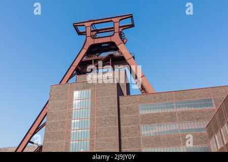 Essen, Germany - Mar 26, 2022: Shaft tower of Zeche Zollverein. Blue sky. Stock Photo