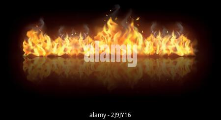 Realistic colorful image line bon fire flame with horizontal reflection ...
