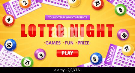 Realistic lotto background with composition of lottery tickets numeric balls and clickable play button with text vector illustration Stock Vector