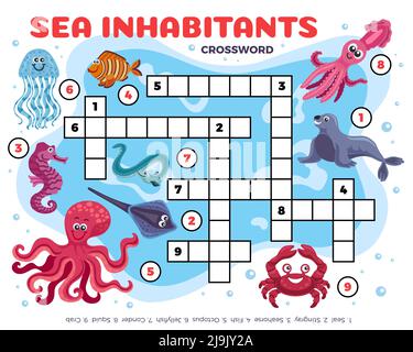Crossword quiz game sea animals submarine and underwater landscape