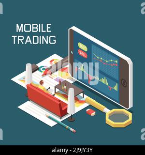 Mobile online trading isometric concept with smartphone and man working at home 3d vector illustration Stock Vector