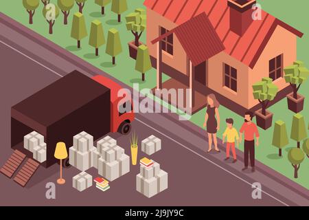 New home isometric composition with outdoor scenery and family in front of house with delivery truck vector illustration Stock Vector