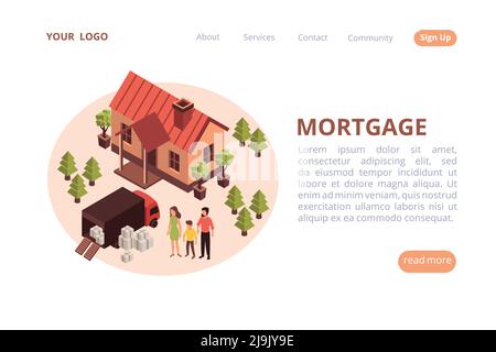 Mortgage web banner isometric website background with round composition and clickable links with text and buttons vector illustration Stock Vector