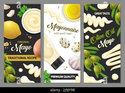 Realistic mayonnaise banners set with three vertical backgrounds editable text and images of eggs and vegetables vector illustration Stock Vector