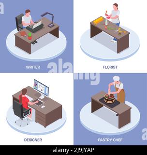 Creative people professions artist isometric design concept with text and images of working people at tables vector illustration Stock Vector