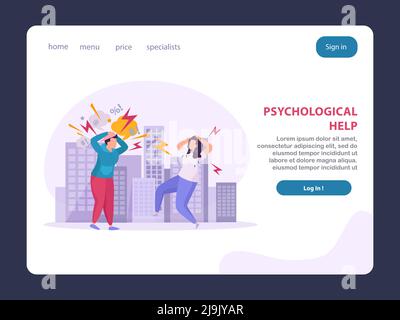 Mental disorders landing page layout offering psychological help to people suffering from stress panic psychosis flat vector illustration Stock Vector