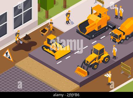 Colored and isometric road construction concept workers laid asphalt on the street vector illustration Stock Vector