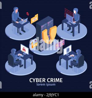 Isometric hacker composition with set of round platforms and characters of cyber criminals at computer tables vector illustration Stock Vector