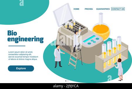 Future technology isometric website landing page with editable text clickable links and composition of science images vector illustration Stock Vector