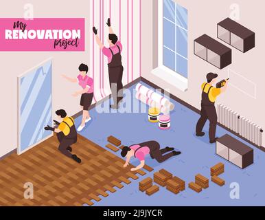 Home remodeling repair service isometric composition with renovation team wallpapering laying floor tiles hanging shelves vector illustration Stock Vector