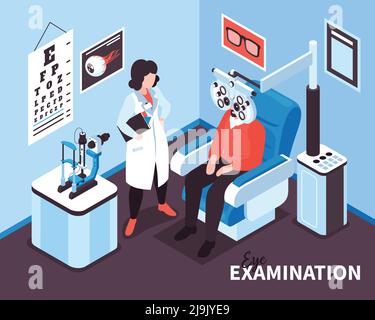 Isometric ophthalmology composition with text and indoor view of doctors office with medical apparatus and human characters vector illustration Stock Vector