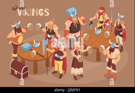 Isometric viking composition with ornate text and characters of vikings in ancient costumes with beer and weapons vector illustration Stock Vector