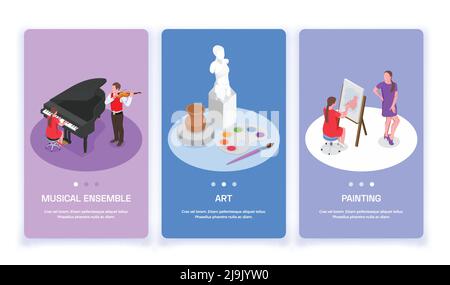 Set of three vertical banners with creative people professions artist isometric images editable text and buttons vector illustration Stock Vector