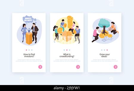 Crowdfunding 3 isometric vertical banners set with growing ideas starting projects finding investors info isolated vector illustration Stock Vector