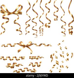 Golden curled ribbons serpentine realistic set with isolated images of festive decorations on blank background vector illustration Stock Vector