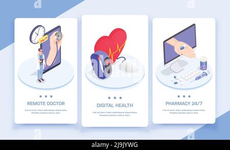 Telemedicine digital health isometric vertical banners set with conceptual images of people electronics and editable text vector illustration Stock Vector