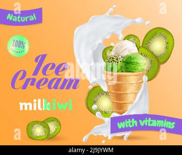 Natural vitamin rich fruit ice cream with kiwi juice slices in milk swirl realistic composition vector illustration Stock Vector