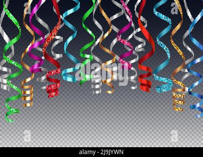 Hanging curled ribbons serpentine background realistic composition on transparent background with colourful images of festive ribbons vector illustrat Stock Vector