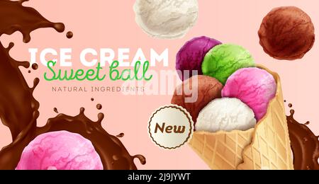 Ice cream sweet colorful balls with natural ingredients new dessert with chocolate splash realistic composition vector illustration Stock Vector
