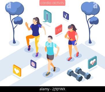 Cardio activity training session apps isometric composition with heart rate weights barbels calories burned symbols vector illustration Stock Vector