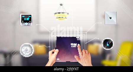 Controlling smart home door lock with touching tablet screen realistic composition fuzzy living room background vector illustration Stock Vector