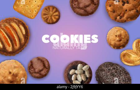 Realistic cookies composition with peanuts caramel and chocolate  isolated vector illustration Stock Vector