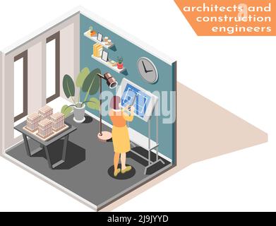 Woman architect engineer at drawing board in office sketching blue print construction plan isometric composition vector illustration Stock Vector