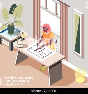 Construction architecture structural  engineer female professional composing technical drawing in modern office isometric interior background vector i Stock Vector