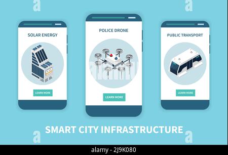 Vertical smart city technology isometric banner set with solar energy police drone and public transport descriptions vector illustration Stock Vector