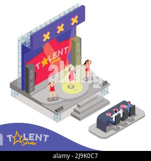 Isometric composition with three women performing at talent show in front of jury 3d vector illustration Stock Vector