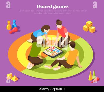 Young people playing together with board game colored background isometric vector illustration Stock Vector