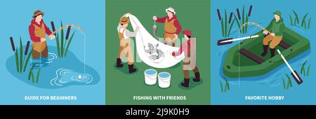 Isometric fishing design concept with set of square compositions with people fish tackle and inflatable boat vector illustration Stock Vector