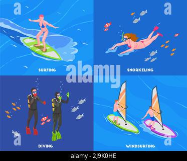 Four squares water sports isometric concept set with surfing snorkeling diving and windsurfing descriptions vector illustration Stock Vector