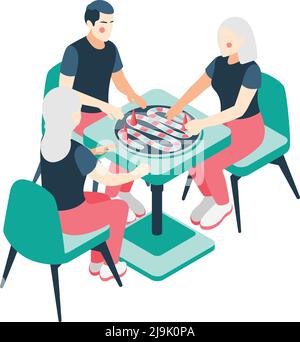 Board games isometric with playing couples families vector illustration Stock Vector