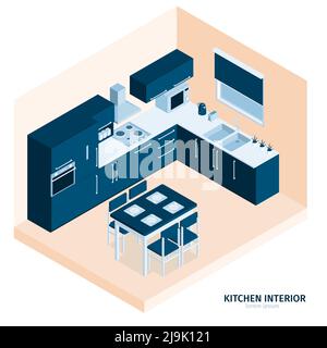 Isometric kitchen composition with text and indoor view of dining place with stove kitchenware and cabinetry vector illustration Stock Vector