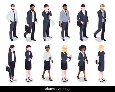 Isometric set of isolated businessmen businesswomen male and female faceless characters wearing costumes on blank background vector illustration Stock Vector