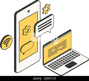 Future technology isometric composition with isolated smartphone and laptop images with wireless sign vector illustration Stock Vector