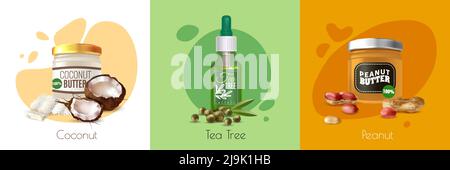 Colored realistic oil product design concept with coconut tea tree and peanut bottles of oil vector illustration Stock Vector